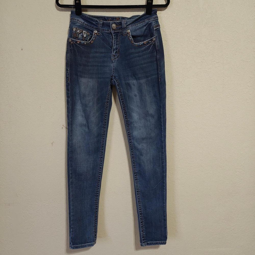 Sexy Couture Women Medium Wash Embroidered Rhinestone Skinny Jeans Size 5 Y2K